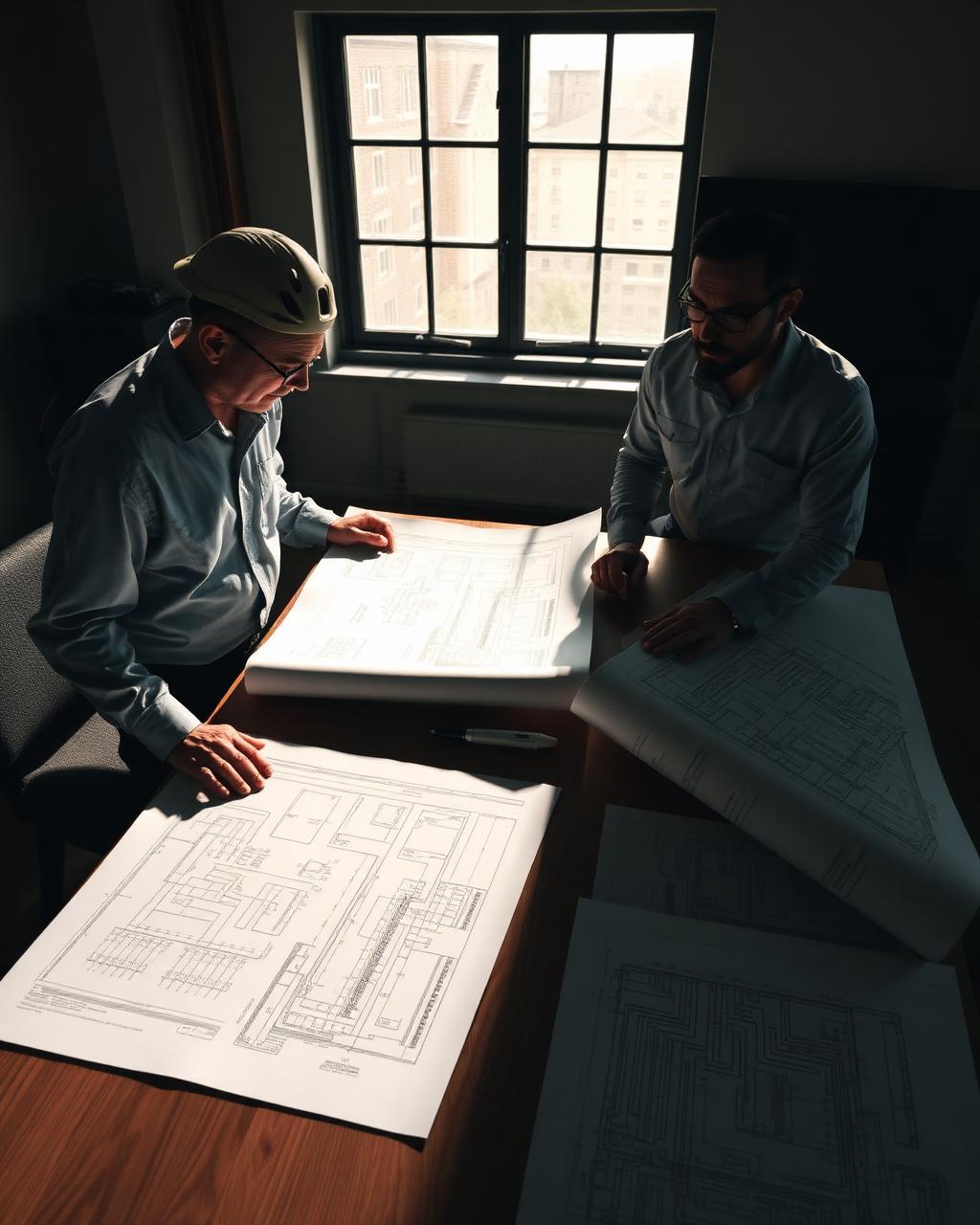 Ingénieurs EOS étudiant des plans électriques et schémas unifilaires · EOS engineers reviewing electrical blueprints and single-line diagrams