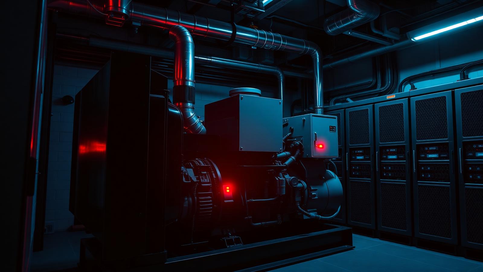 Salle de secours avec groupe électrogène industriel et onduleurs · Emergency power room with industrial backup generator and UPS cabinets