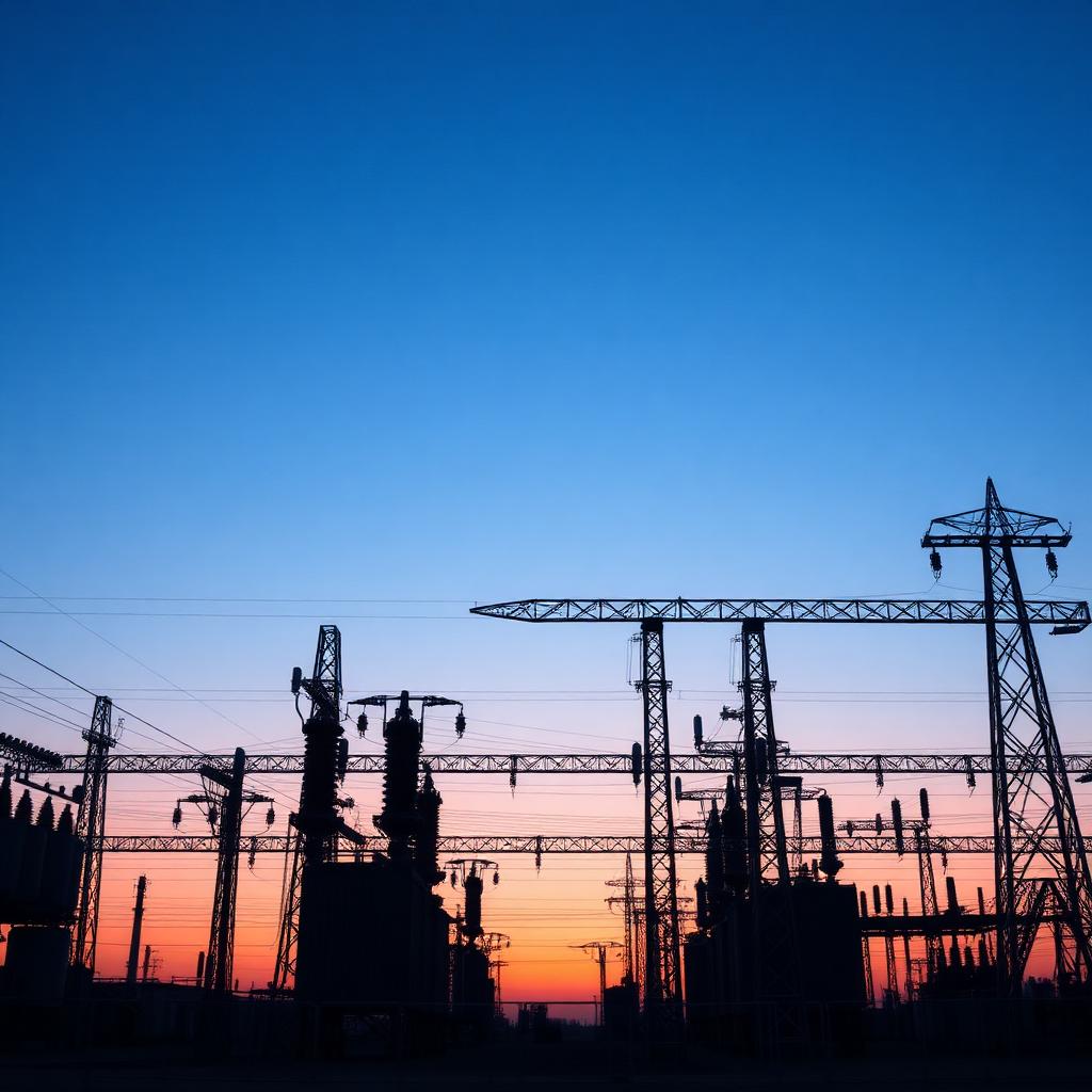 Poste de distribution électrique industriel au crépuscule · Industrial electrical substation at dusk