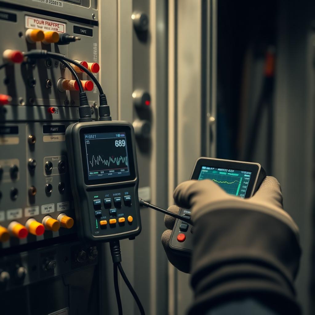 Analyseur de qualité d'énergie connecté à une armoire de distribution · Power quality analyzer connected to an industrial distribution panel